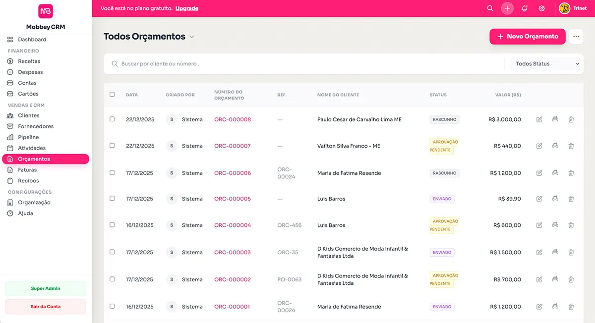 Interface Financeiro Mobbey CRM