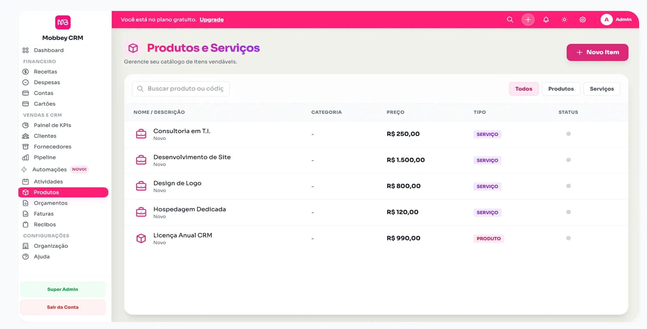 Interface Pedidos Mobbey CRM