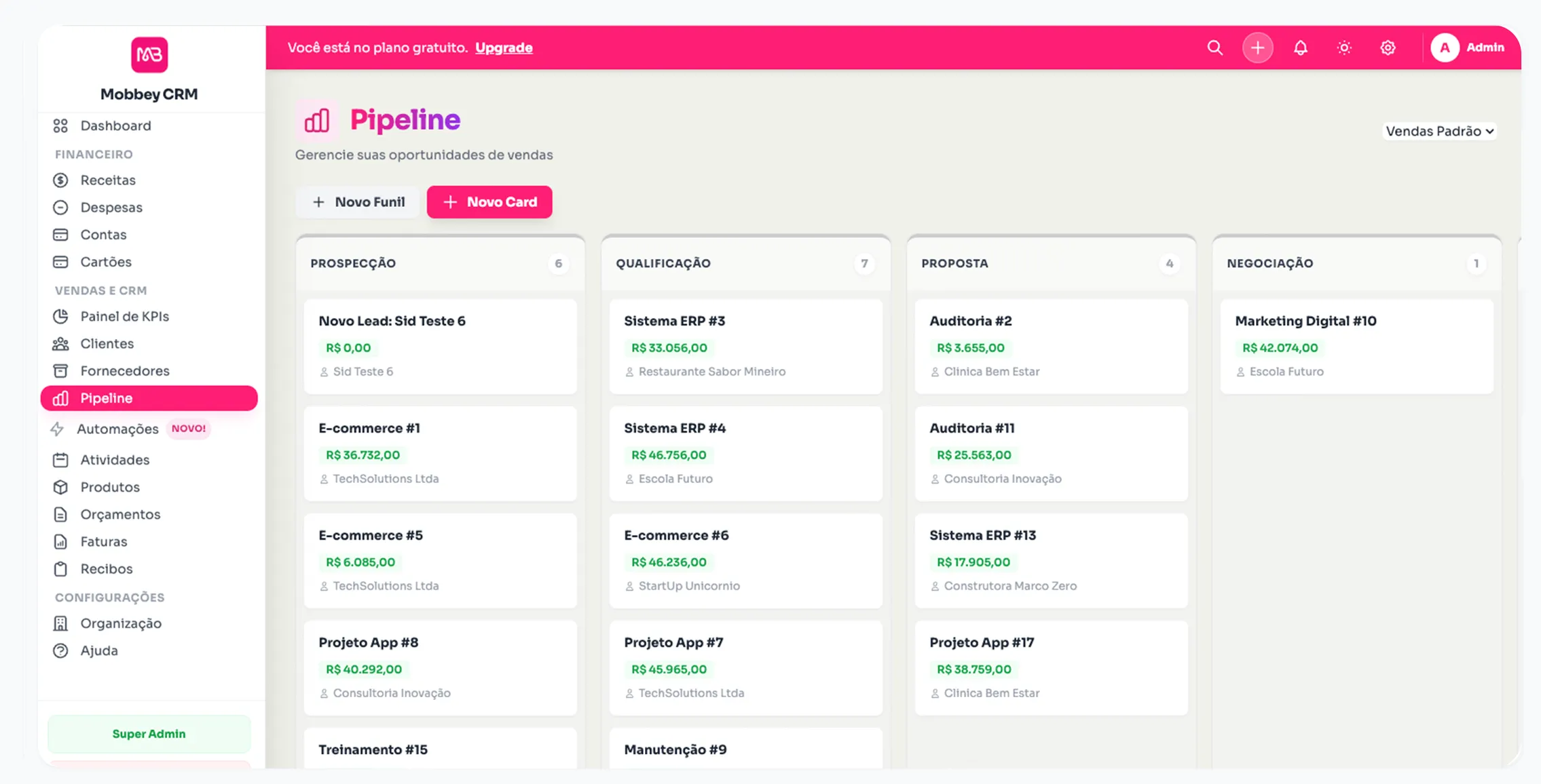 Interface Financeiro Mobbey CRM