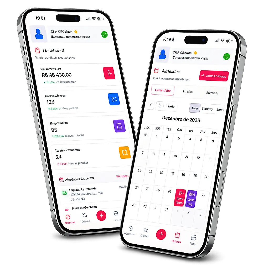 Aplicativo Mobbey CRM em smartphones mostrando orçamentos e pipeline de vendas
