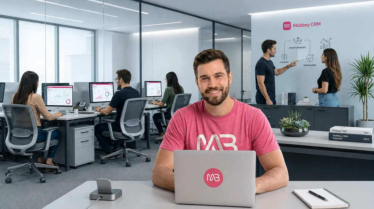 Escritório moderno do Mobbey CRM — Ambiente de inovação e colaboração